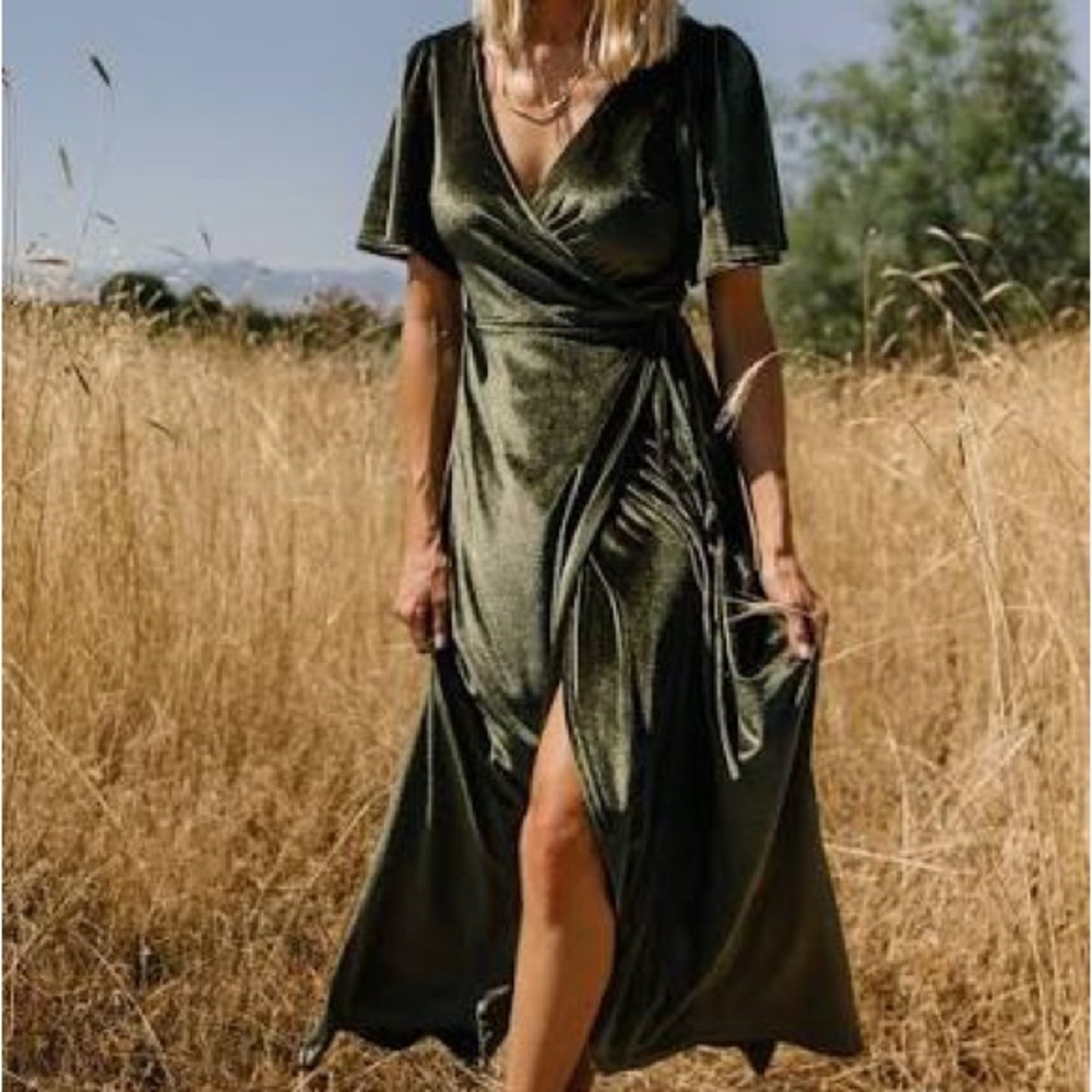 Baltic Born Allison Velvet Midi Wrap Dress in Dark Eucalyptus